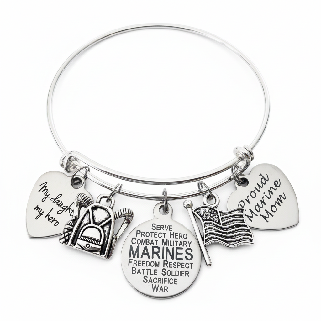 Marine Daughter Gift for Marine Mom | Expandable Charm Bracelet | Silver Adjustable Bangle