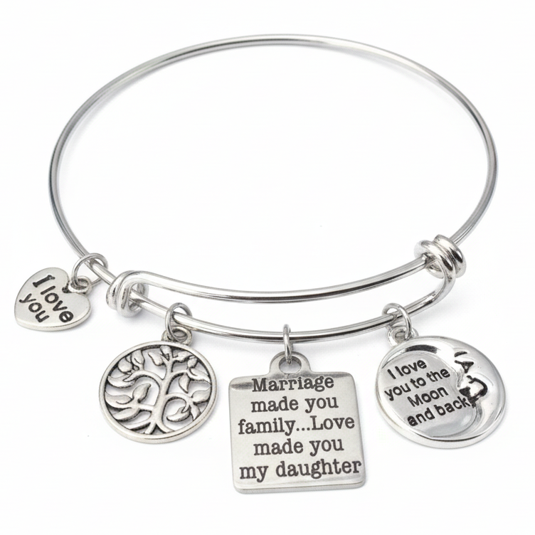 Silver expandable bangle bracelet with four charms: I Love You heart charm, family tree of life charm, Marriage Made You Family Love Made You My Daughter engraved square charm, and I Love You to the Moon and Back moon charm
