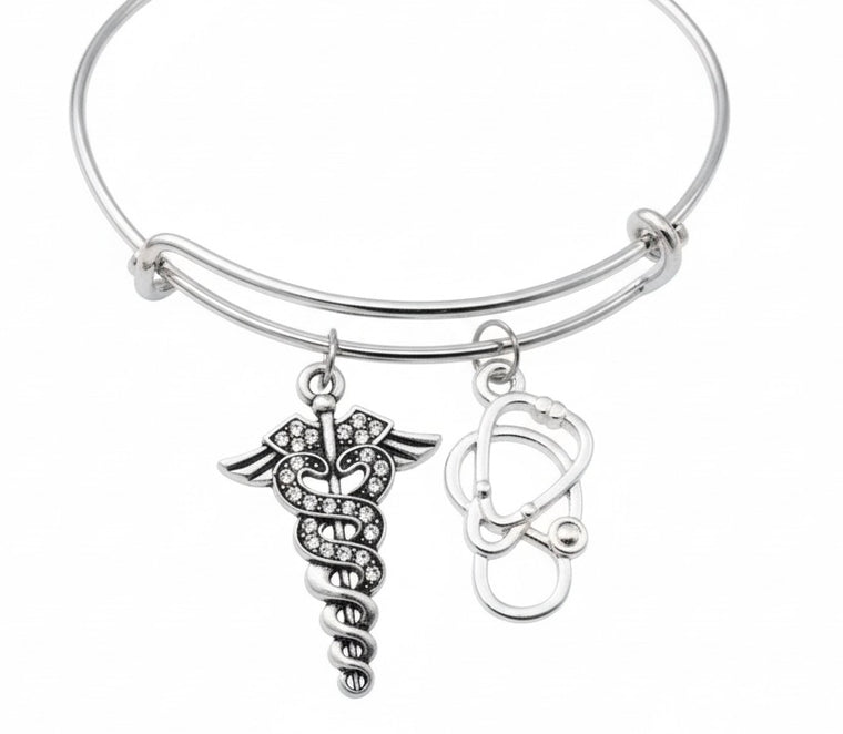 Medical Symbol Caduceus Bracelet - Crystal Rhinestone Charm | Adjustable Silver Bangle Gift
