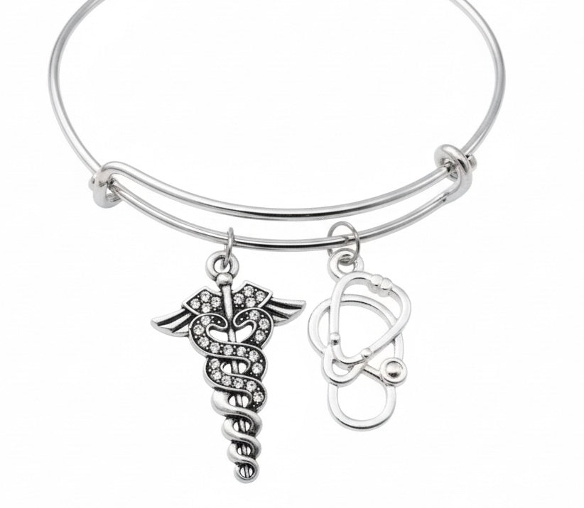 Medical Symbol Caduceus Bracelet - Crystal Rhinestone Charm | Adjustable Silver Bangle Gift