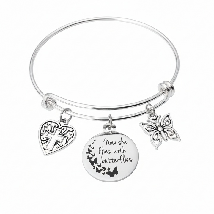 Memorial Bracelet for Loss of Loved One, Now She Flies With Butterflies Sympathy Gift, Expandable Silver Charm Bangle, Remembrance Jewelry for Women
