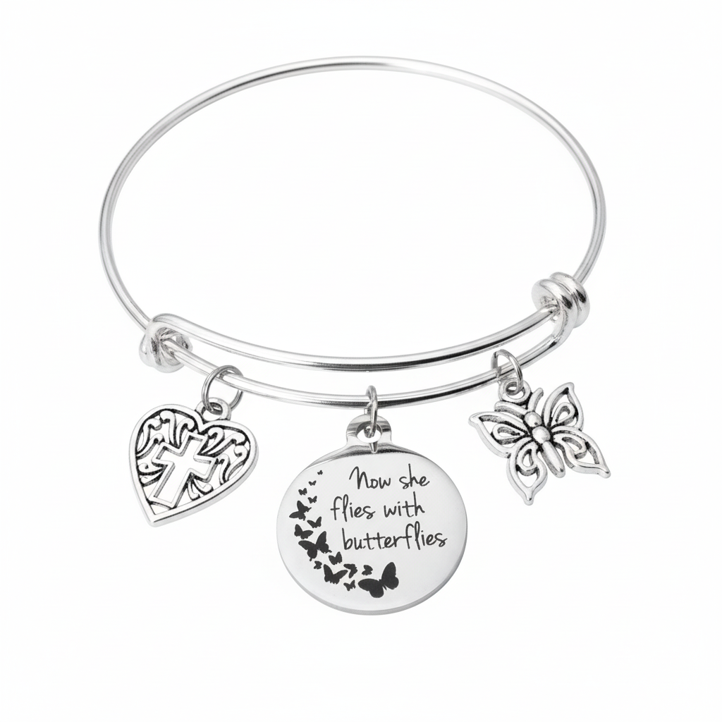 Memorial Bracelet for Loss of Loved One, Now She Flies With Butterflies Sympathy Gift, Expandable Silver Charm Bangle, Remembrance Jewelry for Women