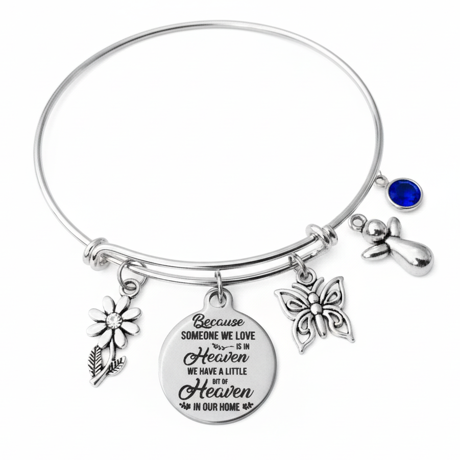 Memorial Charm Bracelet Silver Plated Adjustable Bangle with Heaven Quote Flower and Butterfly Charms