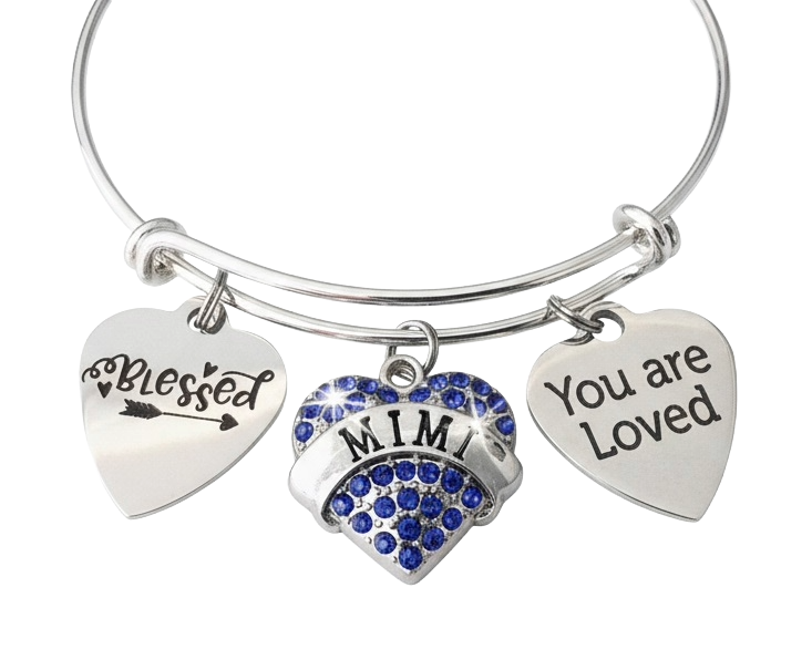 Silver bracelet with heart-shaped charms reading 'Blessed', 'MIMI', and 'You are Loved' on a white background.