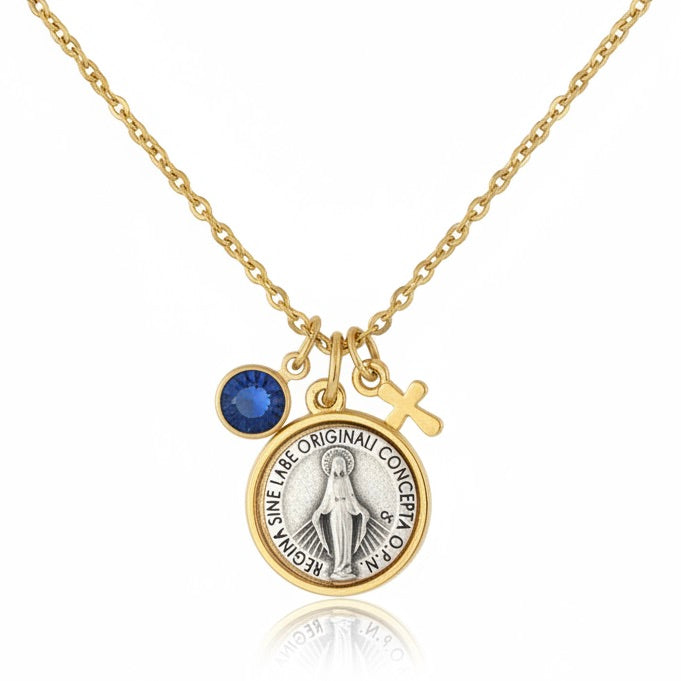 Miraculous Medal Necklace Two-Tone Silver Gold with Birthstone Crystal and Cross - Personalized Stainless Steel Chain Catholic Jewelry Gift