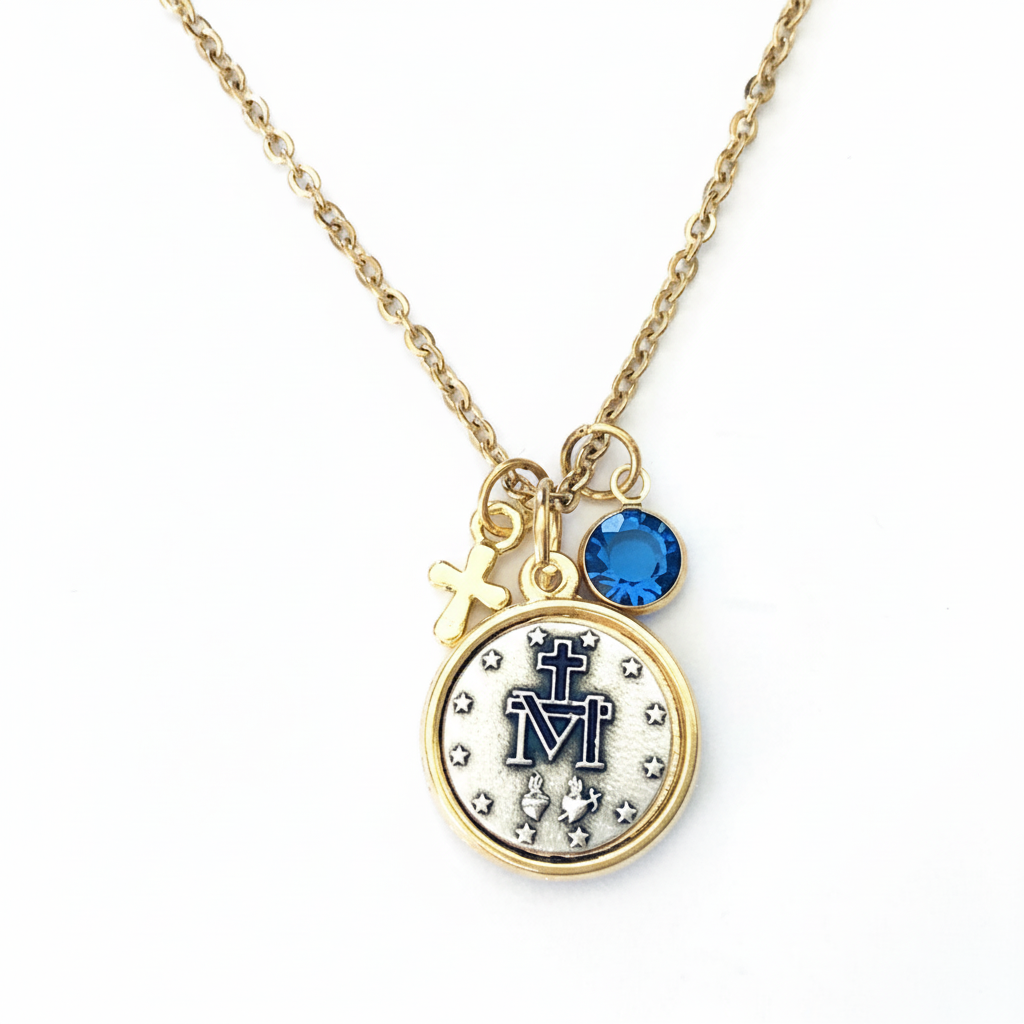 Miraculous Medal Necklace Two-Tone Silver Gold with Birthstone Crystal and Cross - Personalized Stainless Steel Chain Catholic Jewelry Gift