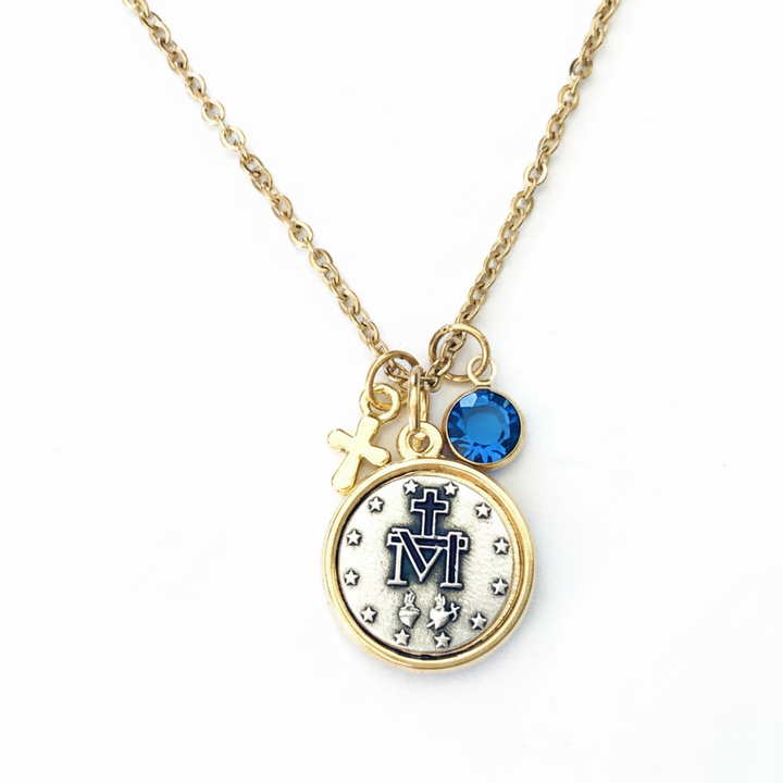 Miraculous Medal Necklace Two-Tone Silver Gold with Birthstone Crystal and Cross - Personalized Stainless Steel Chain Catholic Jewelry Gift