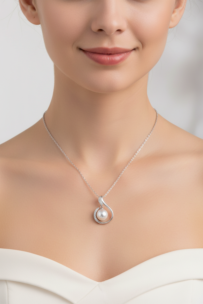 Pearl Pendant Necklace 925 Sterling Silver with Crystals | 8mm Pearl 18 Inch Chain