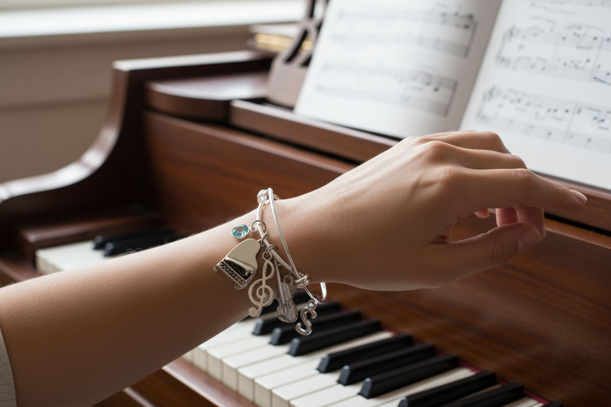 Personalized Music Charm Bracelet - Custom Birthstone & Initial - Piano Violin Treble Clef Bangle Gift