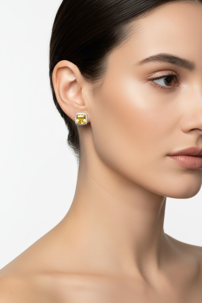 2 Carat Yellow Moissanite Earrings Sterling Silver, Halo Stud Earrings, Lab 