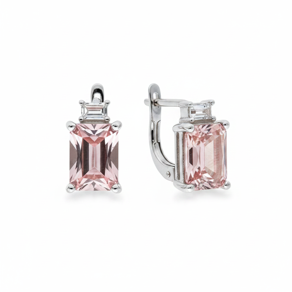 2 carat morganite emerald cut leverback earrings in sterling silver, soft rose pink peach stones with white topaz baguette accents, leverback closure visible