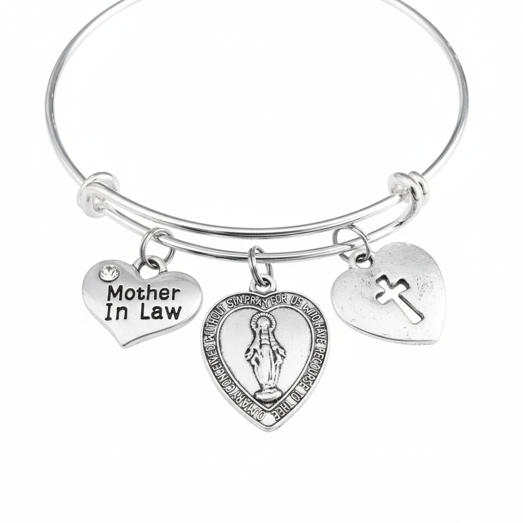 Mother in Law Gift Miraculous Medal Charm Bracelet - Adjustable Silver Bangle with Virgin Mary Cross Charms