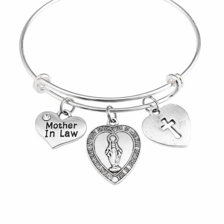 Mother in Law Gift Miraculous Medal Charm Bracelet - Adjustable Silver Bangle with Virgin Mary Cross Charms