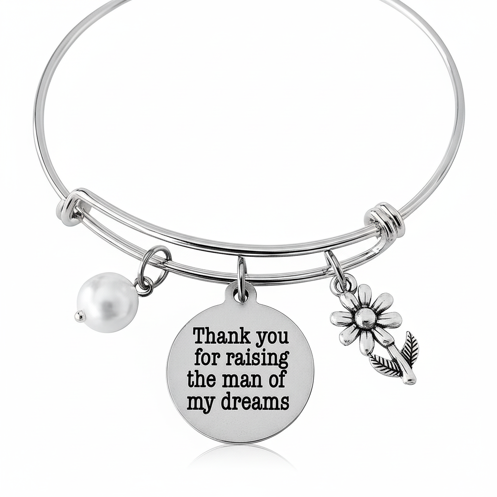 Thank You for Raising the Man of My Dreams Bracelet Silver Adjustable Bangle with Daisy and Pearl Charm Wedding Gift from Bride for Mother in Law Mother of Groom Jewelry