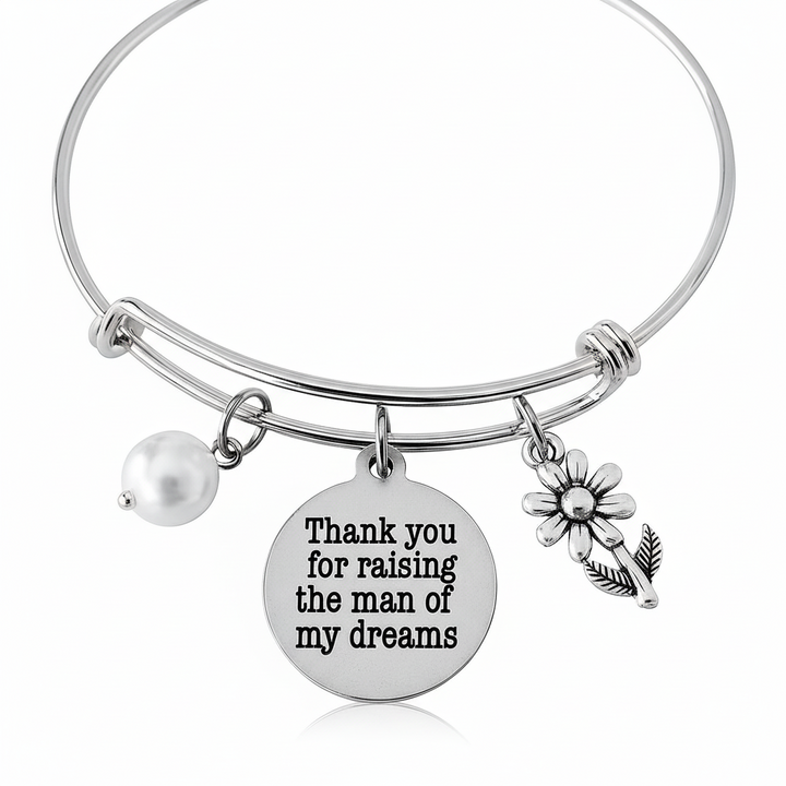 Thank You for Raising the Man of My Dreams Bracelet Silver Adjustable Bangle with Daisy and Pearl Charm Wedding Gift from Bride for Mother in Law Mother of Groom Jewelry