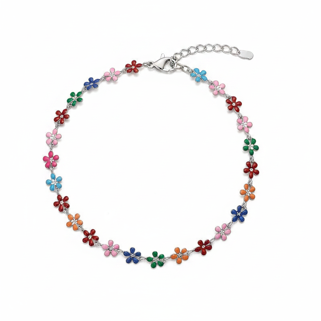 Delicate silver-tone chain anklet featuring a continuous row of multicolor enamel daisy flowers in pink, blue, green, orange, red, and purple, with a lobster clasp and adjustable extender chain — displayed on a white background