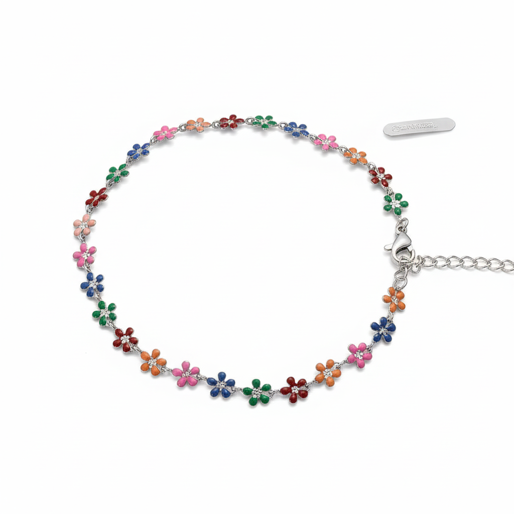 Multicolor Daisy Flower Chain Anklet | Rainbow Enamel Floral Ankle Bracelet