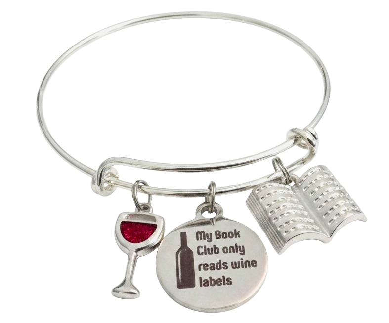 Silver expandable bangle with red crystal wine glass charm, engraved My Book Club Only Reads Wine Labels quote disc, and open book charm — funny book club wine gift bracelet