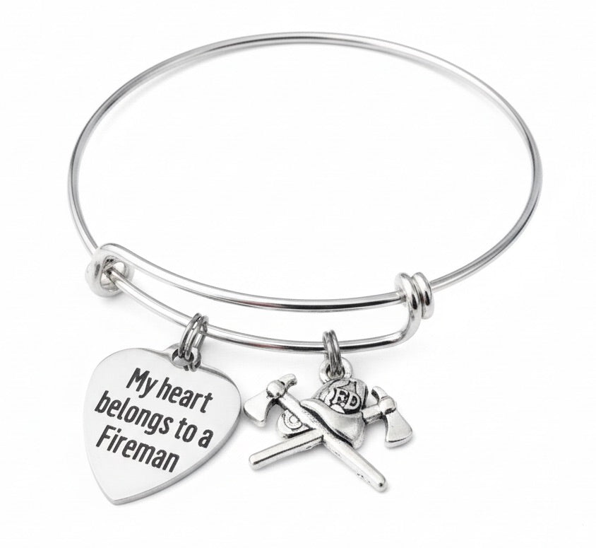 Firefighter Charm Bracelet – Adjustable Silver Bangle with Heart Pendant “My Heart Belongs to a Fireman” – Fireman Wife or Girlfriend Gift