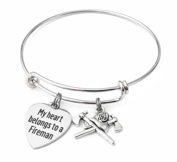 Firefighter Charm Bracelet – Adjustable Silver Bangle with Heart Pendant “My Heart Belongs to a Fireman” – Fireman Wife or Girlfriend Gift