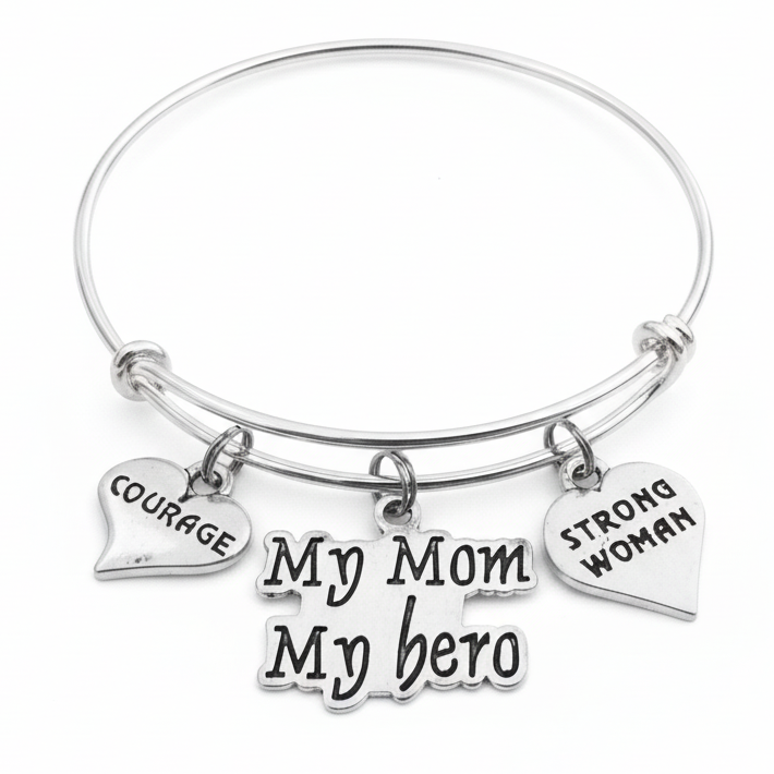 Silver expandable charm bangle bracelet with Courage half-heart charm, My Mom My Hero engraved center charm, and Strong Woman half-heart charm — meaningful Mother's Day gift bracelet by Jules Obsession
