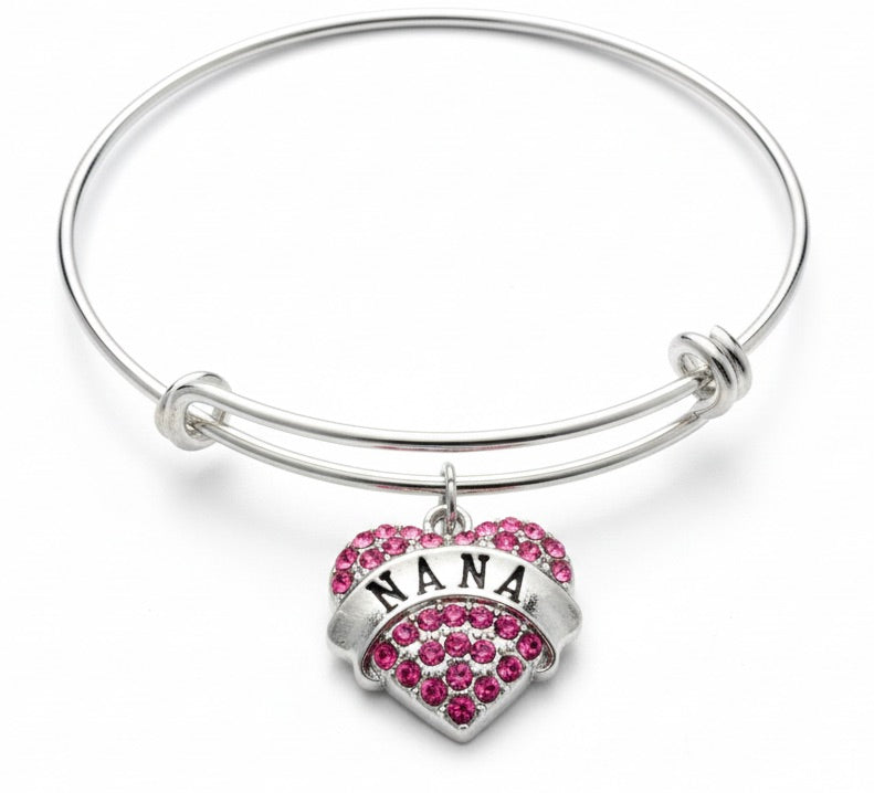 Silver bangle with a heart-shaped charm displaying the word 'Nana' on a white background Nana Bracelet | Pink Crystal Heart Charm Silver Bangle Gift