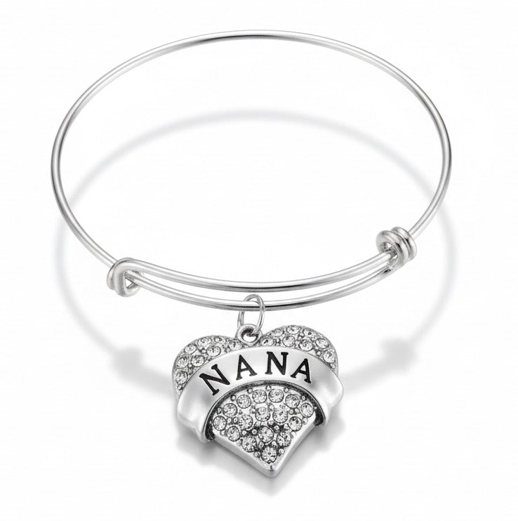 Nana Crystal Heart Charm Bracelet – Expandable Silver Bangle | Gift for Grandma