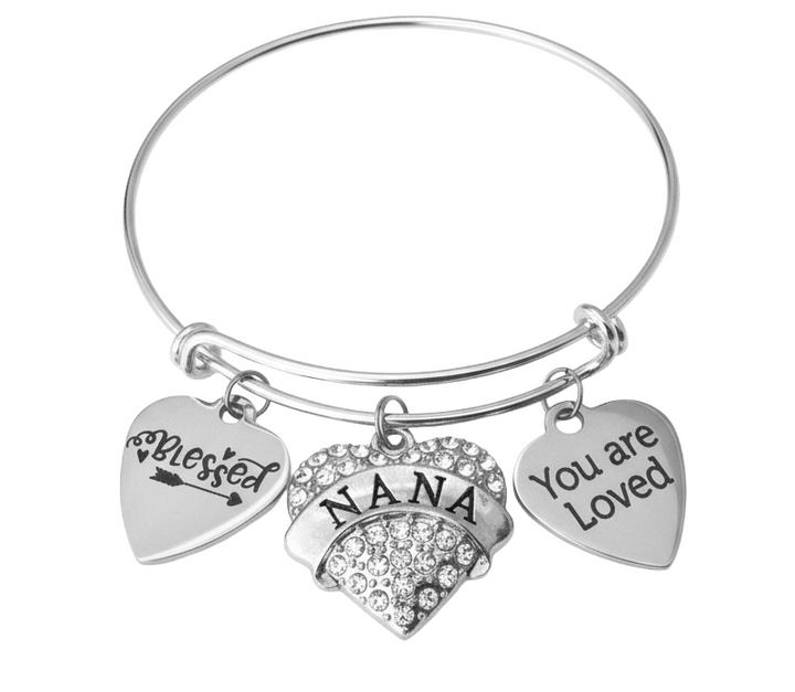 Silver bracelet with heart-shaped charms reading &