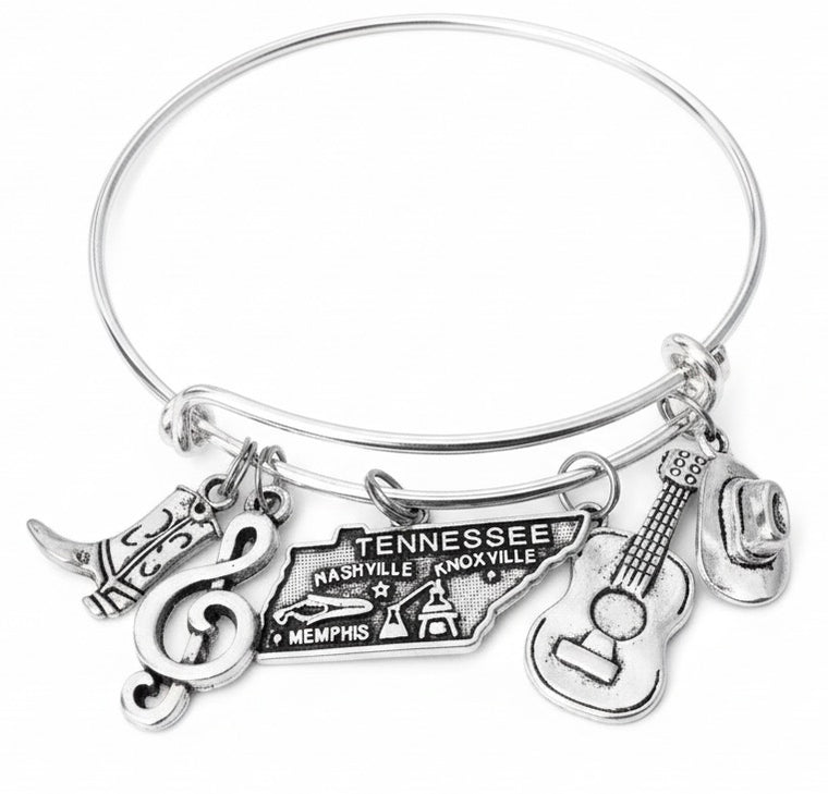 Nashville Charm Bracelet - Tennessee Silver Bangle with Country Music Charms