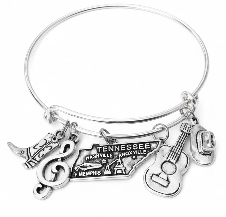Nashville Charm Bracelet - Tennessee Silver Bangle with Country Music Charms