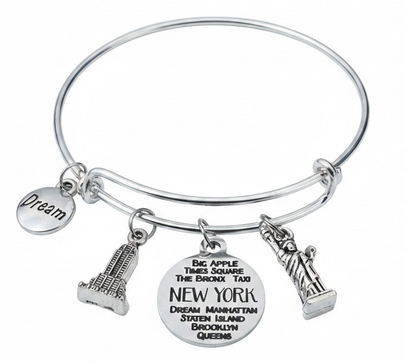 New York City Silver Charm Bangle Bracelet with Empire State Building, Statue of Liberty, NYC Landmark Disc, and Dream Charm

