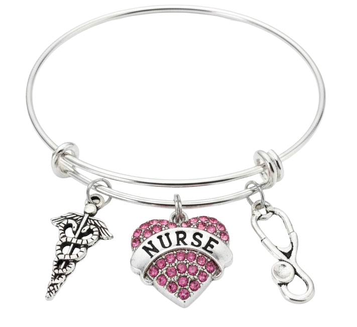 Silver expandable bangle bracelet with pink crystal rhinestone nurse heart charm, stethoscope charm, and caduceus medical symbol — adjustable wire bangle, handmade in America by Jules Obsession