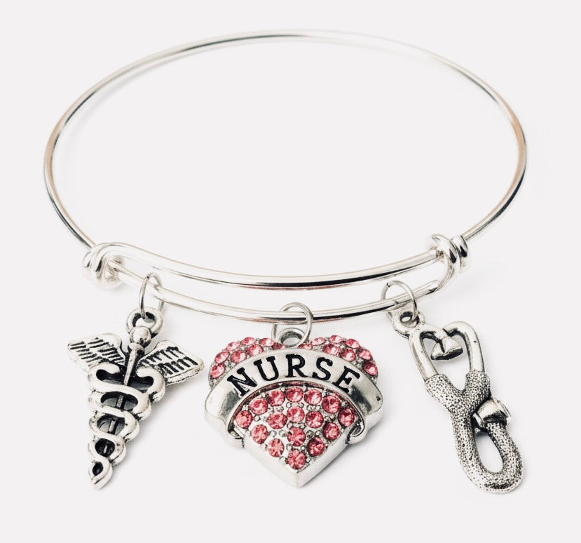 Nurse Bracelet – Pink Crystal Heart, Stethoscope &amp; Caduceus Silver Charm Bangle | Nurse Gift Silver bangle with &