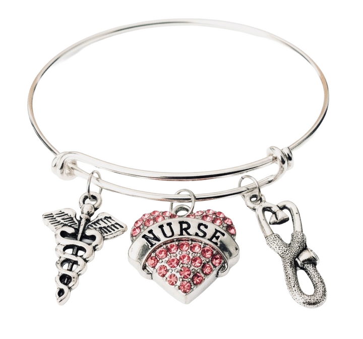 Nurse Bracelet – Pink Crystal Heart, Stethoscope &amp; Caduceus Silver Charm Bangle | Nurse Gift