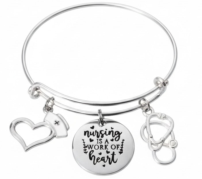 Nursing is a Work of Heart Bracelet - Adjustable Silver Charm Bangle | Stethoscope Nurse Gift