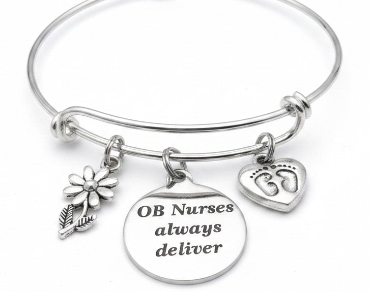 OB Nurses Always Deliver silver charm bangle bracelet with engraved quote disc, daisy flower charm, and baby footprint heart charm — adjustable expandable bangle, labor and delivery nurse gift
