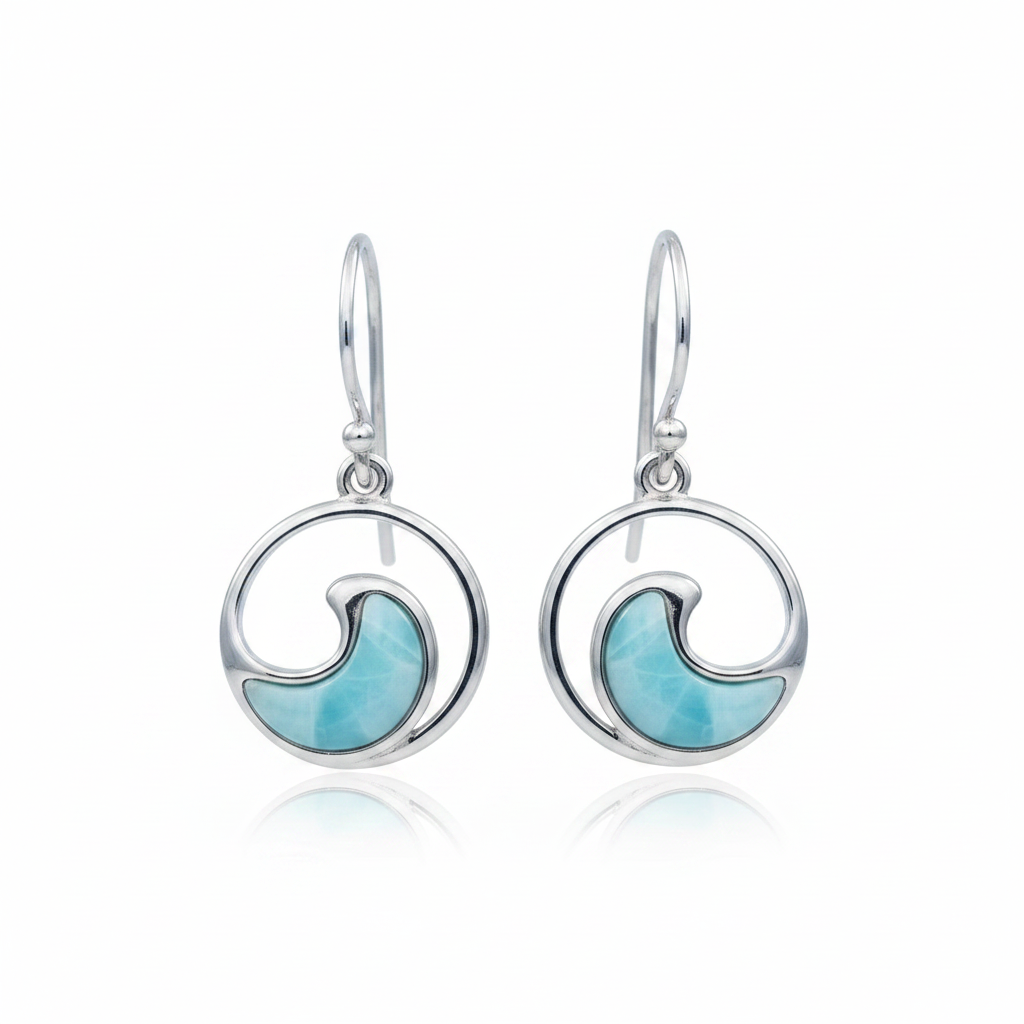 Sterling silver ocean wave larimar earrings, circular frame with crescent wave shape filled with aqua blue larimar stone, French hook ear wires