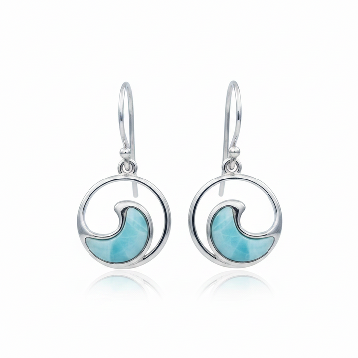Sterling silver ocean wave larimar earrings, circular frame with crescent wave shape filled with aqua blue larimar stone, French hook ear wires