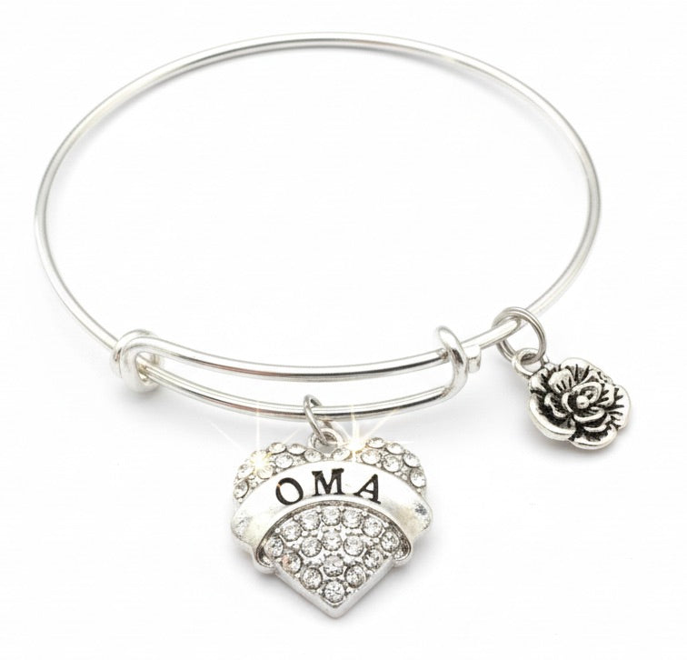 Oma Bracelet Gift, Crystal Heart Charm Bracelet for Grandmother, Adjustable Silver Bangle Jewelry
