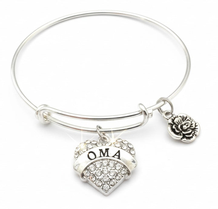 Oma Bracelet Gift, Crystal Heart Charm Bracelet for Grandmother, Adjustable Silver Bangle Jewelry
