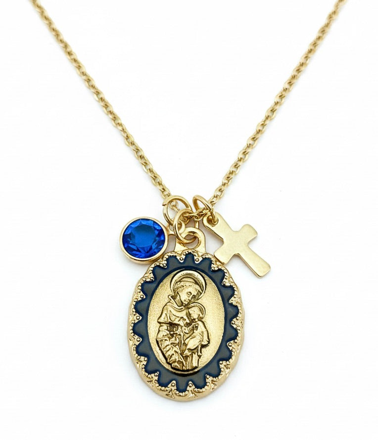 Saint Anthony Necklace with Birthstone – Gold Medal Pendant, Cross Charm | Patron Saint Jewelry