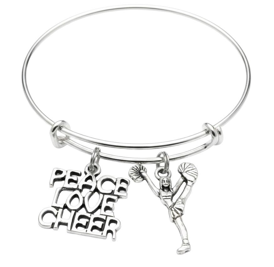 Silver expandable charm bangle bracelet with Peace Love Cheer bold word charm and detailed silver cheerleader figurine charm with pom poms raised — cheerleader gift bracelet by Jules Obsession