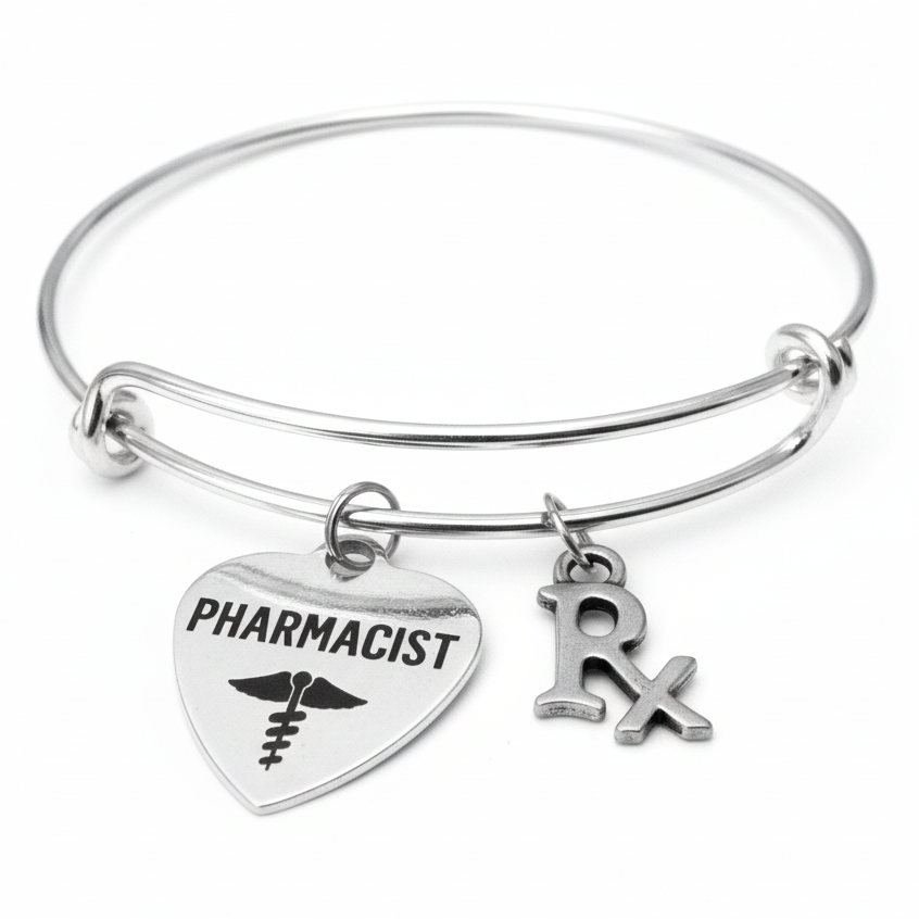 Pharmacist gift bracelet with silver PHARMACIST heart caduceus charm and Rx prescription symbol on adjustable expandable silver bangle by Jules Obsession