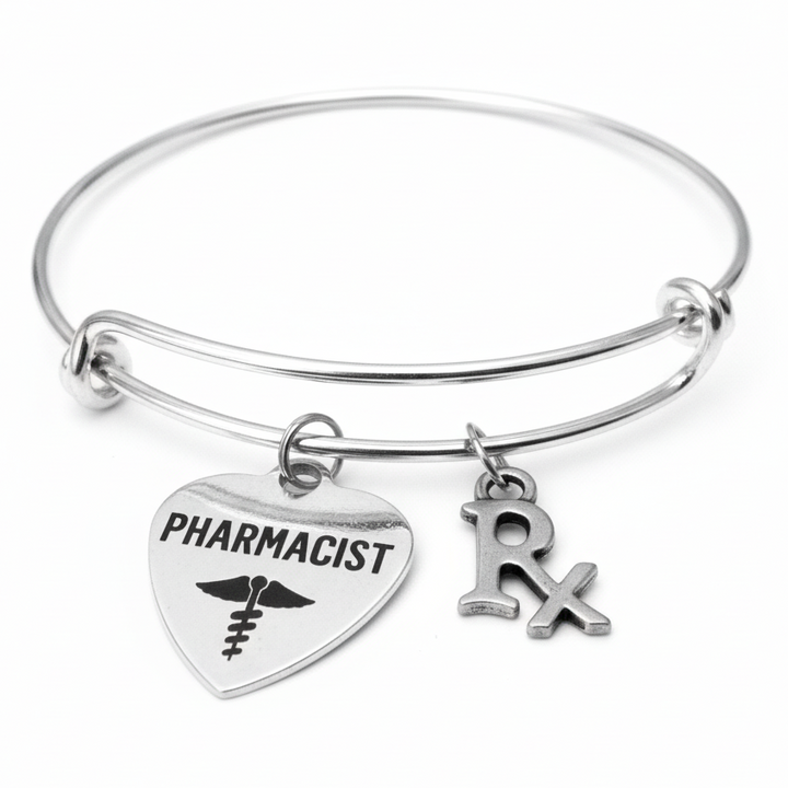 Pharmacist gift bracelet with silver PHARMACIST heart caduceus charm and Rx prescription symbol on adjustable expandable silver bangle by Jules Obsession