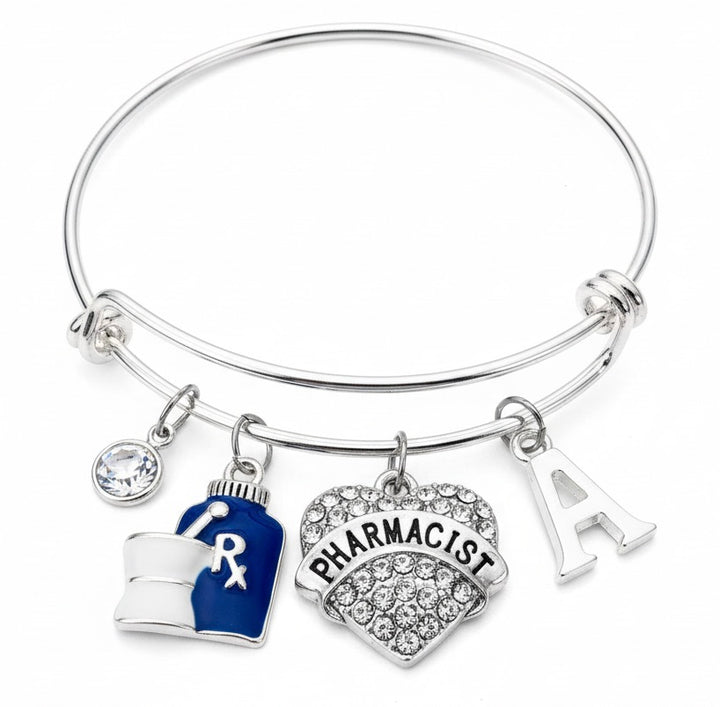 Pharmacist Charm Bracelet | Crystal Heart Rx Bangle with Birthstone &amp; Initial | Personalized Pharmacist Gift