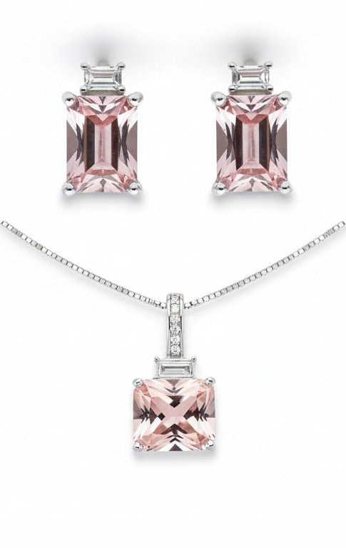 2ct Morganite Leverback Earrings and Necklace Emerald Cut Rose Pink Gemstone Earrings