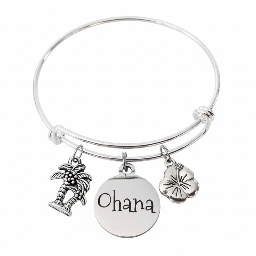 Ohana Family Hibiscus Flower Silver Expandable Charm Bracelet 