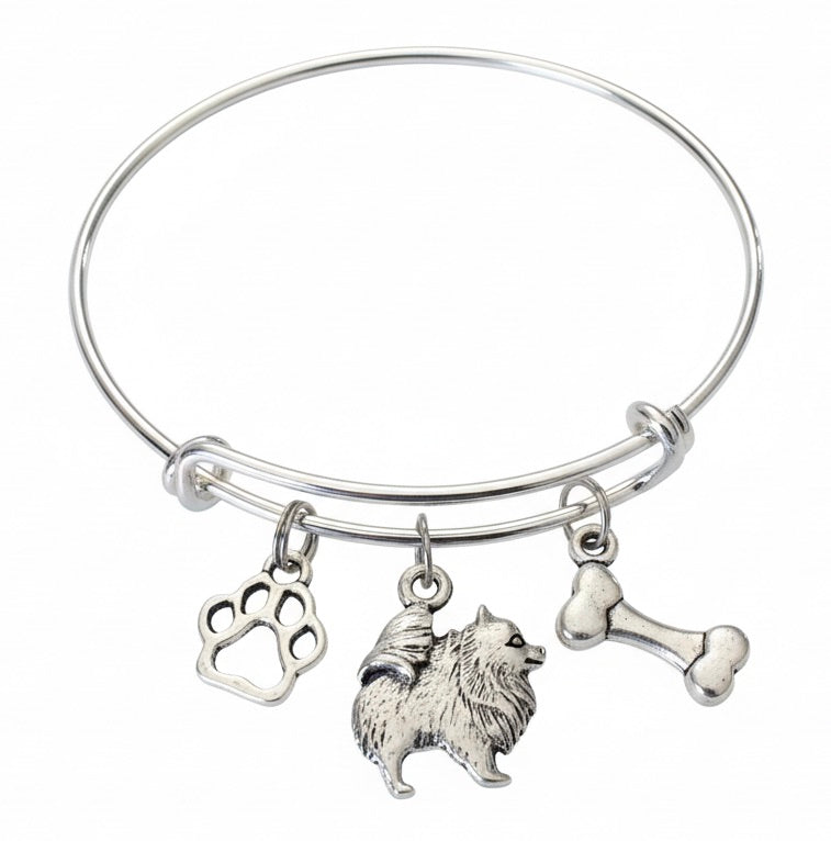 Pomeranian Dog Gift Bracelet | Double-Sided Charm | Silver Expandable Bangle