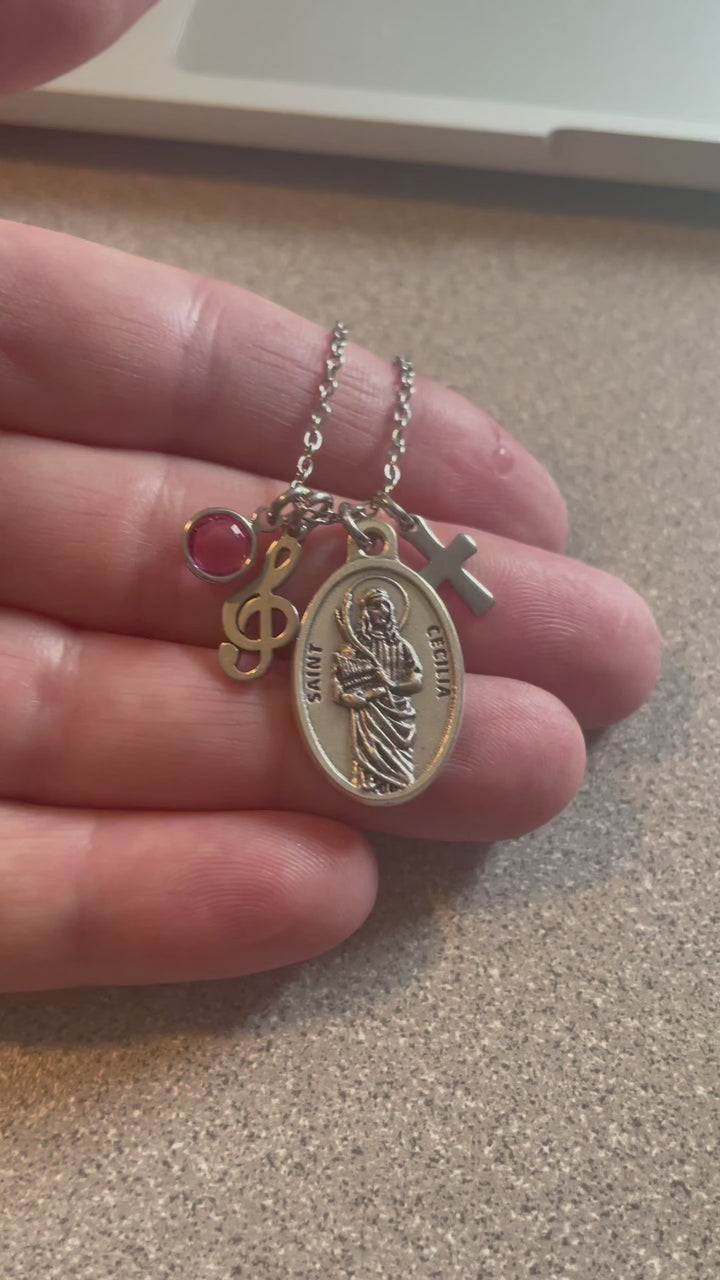 Saint Cecilia Necklace — Patron Saint of Music Medal with Cross &amp; Birthstone
