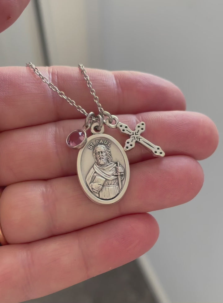 Saint Paul Medal Necklace with Cross &amp; Birthstone